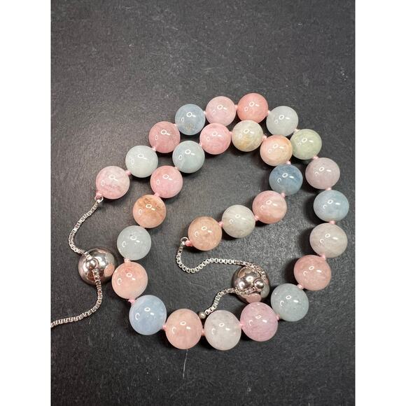 Modern Multi Beryl Bolo Necklace 12mm Morganite Aquamarine Sterling - Picture 11 of 13